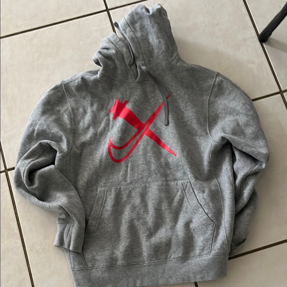 Nike Gray Hoodie with Red Swoosh Graphic - Men's Crewneck Pullover